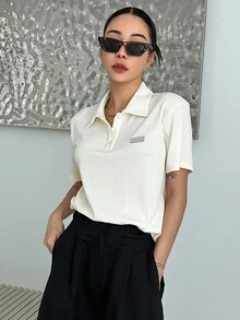 DAZY 字母貼布條紋針織Polo領T恤 - 米色 - 查看 7