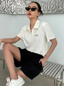 DAZY 字母貼布條紋針織Polo領T恤 - 米色 - 查看 8