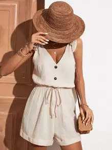 SHEIN VCAY 前紐扣肩部打結連身短褲 - 杏色 - 查看 5