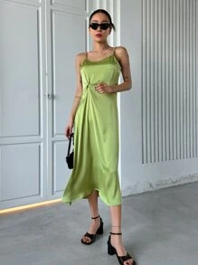 DAZY 素色扭結細節吊帶連衣裙 - 綠色 - 查看 7
