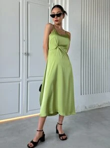 DAZY 素色扭結細節吊帶連衣裙 - 綠色 - 查看 3