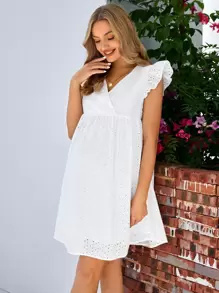SHEIN Maternidad Vestido smock con bordado con ojal ribete con fruncido - Blanco - Ver 5