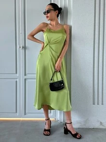 DAZY 素色扭結細節吊帶連衣裙 - 綠色 - 查看 8