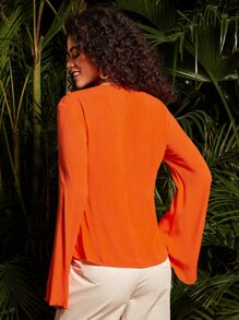 SHEINNeu Ruffle Trim Trumpet Sleeve Tie Front Blouse - Orange - View 2