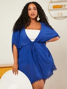 SHEIN CURVE+ Plus Drawstring Waist Tassel Trim Batwing Sleeve Kimono - Royal Blue - View 3