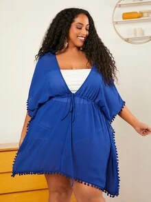 SHEIN CURVE+ Plus Drawstring Waist Tassel Trim Batwing Sleeve Kimono - Royal Blue - View 7