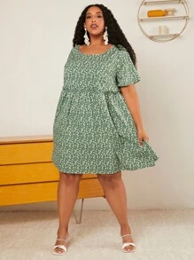SHEIN CURVE+ Plus Ditsy Floral Print Smock Dress - Multicolor - View 3