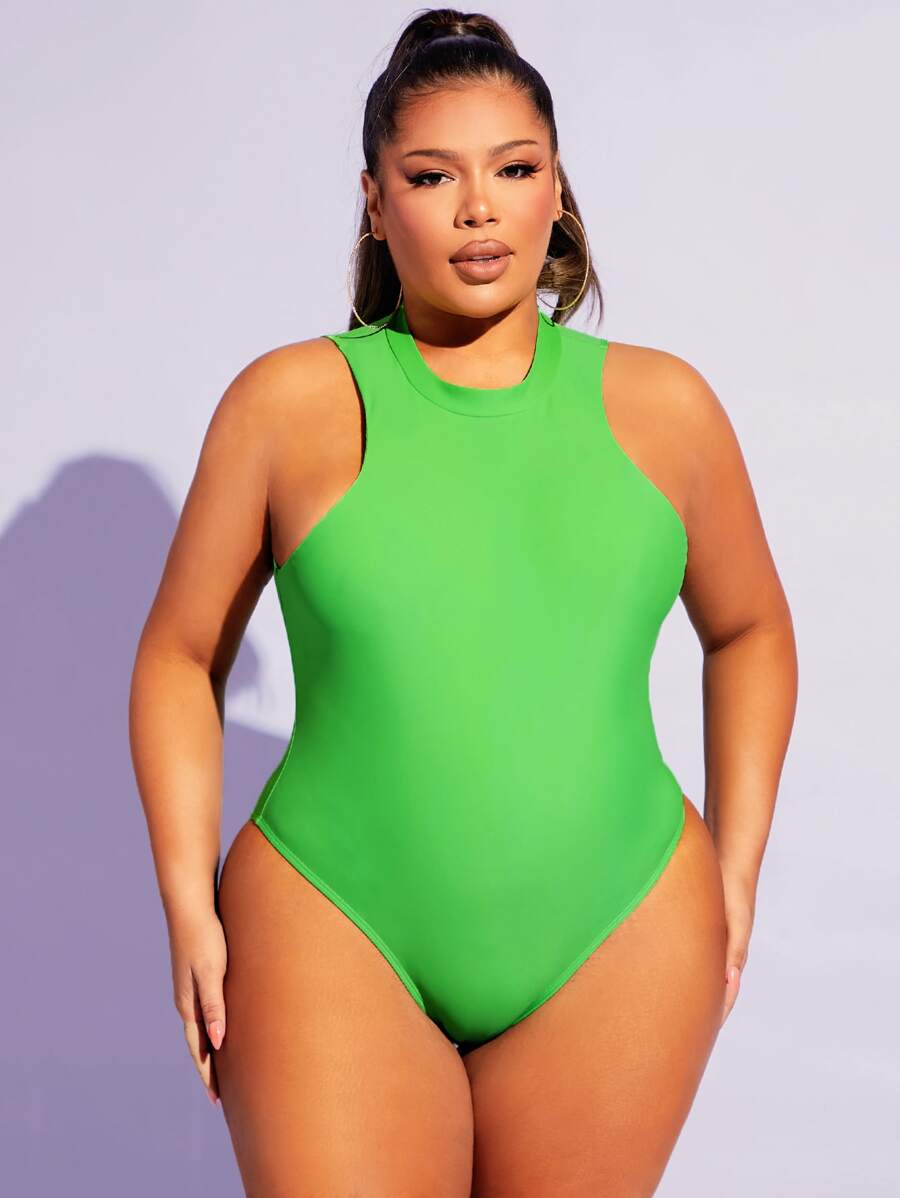SHEIN SXY Plus Solid Tank Bodysuit - Green - View 1