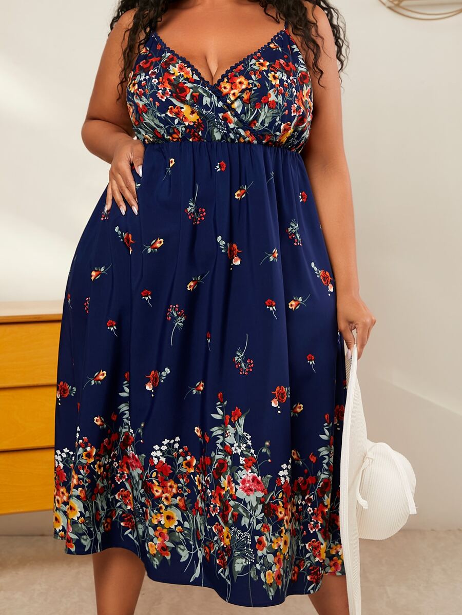 SHEIN CURVE+ Đầm Plus Size Lộ Lưng Tương phản ren Trọn gói Hoa Boho - Nhiều màu - Xem 1