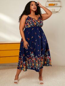 SHEIN CURVE+ 大碼印花吊帶連衣裙 - 彩色 - 查看 4