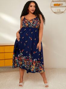 SHEIN CURVE+ 大碼印花吊帶連衣裙 - 彩色 - 查看 5