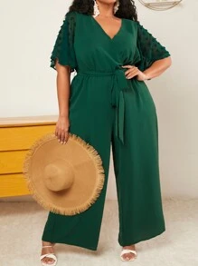 SHEIN CURVE+ 大碼圓點蝴蝶袖腰帶闊腿連體褲 - 墨綠色 - 查看 2