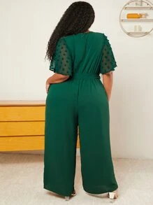 SHEIN CURVE+ 大碼圓點蝴蝶袖腰帶闊腿連體褲 - 墨綠色 - 查看 3