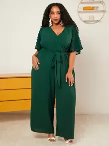 SHEIN CURVE+ 大碼圓點蝴蝶袖腰帶闊腿連體褲 - 墨綠色 - 查看 1