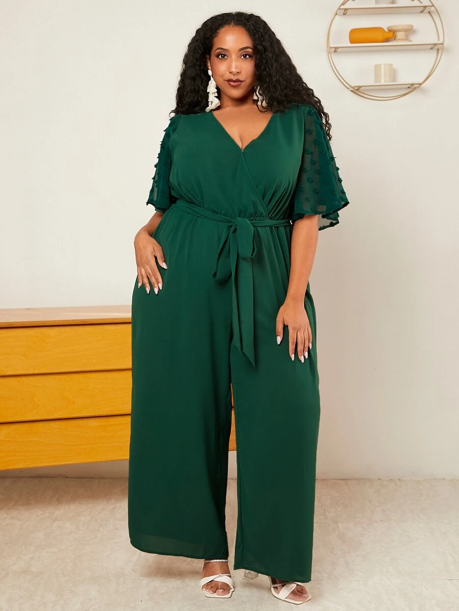 SHEIN CURVE+ 大碼圓點蝴蝶袖腰帶闊腿連體褲 - 墨綠色 - 查看 1
