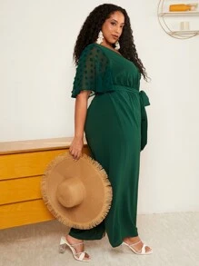 SHEIN CURVE+ 大碼圓點蝴蝶袖腰帶闊腿連體褲 - 墨綠色 - 查看 4