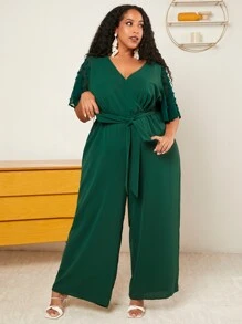 SHEIN CURVE+ 大碼圓點蝴蝶袖腰帶闊腿連體褲 - 墨綠色 - 查看 5