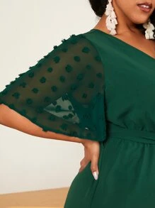 SHEIN CURVE+ 大碼圓點蝴蝶袖腰帶闊腿連體褲 - 墨綠色 - 查看 6