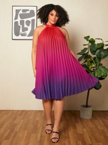 SHEIN CURVE+ Plus Ombre Pleated Hem Halter Dress - Red - View 2