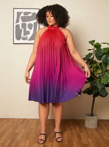 SHEIN CURVE+ Plus Ombre Pleated Hem Halter Dress - Red - View 5
