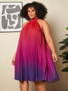 SHEIN CURVE+ Plus Ombre Pleated Hem Halter Dress - Red - View 6