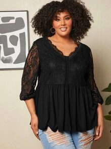 SHEIN CURVE+ Plus Contrast Lace Lantern Sleeve Peplum Top - Black - View 6
