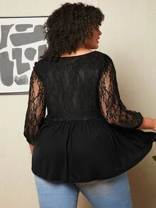 SHEIN CURVE+ Plus Contrast Lace Lantern Sleeve Peplum Top - Black - View 2