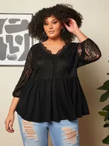 SHEIN CURVE+ Plus Contrast Lace Lantern Sleeve Peplum Top - Black - View 4