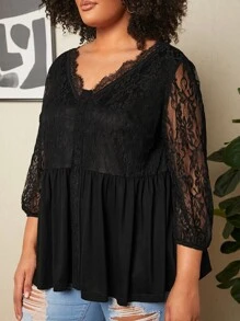 SHEIN CURVE+ Plus Contrast Lace Lantern Sleeve Peplum Top - Black - View 5