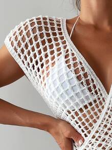 SHEIN Swim Summer Beach Hollow Out Wrap Cover Up Dress Without Bikini Mesh Dresswhite Sexy Dressfishnet Bodysuit - White - View 4
