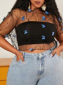 SHEIN CURVE+ Plus Butterfly Appliques Mesh Top Without Tube Top - Blue - View 2