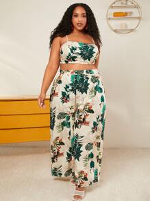 SHEIN CURVE+ Plus Tropical Print Cami Top & Wide Leg Trousers - Multicolor - View 5