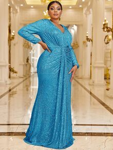 YISIKADO Vestido de vestir fruncido con lentejuelas - Azul - Ver 3