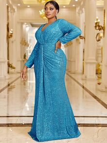 YISIKADO Vestido de vestir fruncido con lentejuelas - Azul - Ver 4