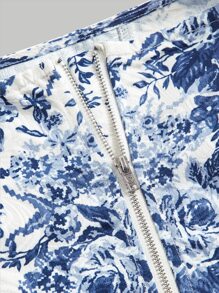 SHEIN MOD Floral Print Ruffle Trim Top - Blue - View 4