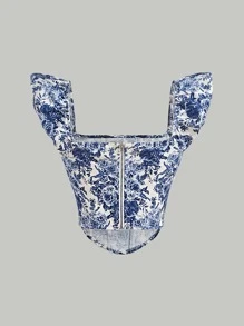 SHEIN MOD Floral Print Ruffle Trim Top - Blue - View 2