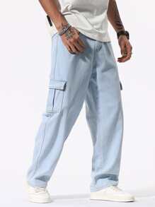 Manfinity Loose Fit Men's Cargo Jeans With Flap Pockets On The Side - Light Wash - View 1