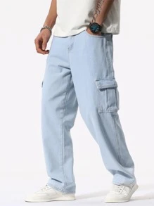 Manfinity Loose Fit Men's Cargo Jeans With Flap Pockets On The Side - Light Wash - View 3