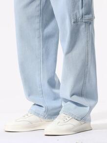 Manfinity Loose Fit Men's Cargo Jeans With Flap Pockets On The Side - Light Wash - View 6