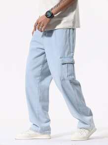 Manfinity Loose Fit Men's Cargo Jeans With Flap Pockets On The Side - Light Wash - View 8