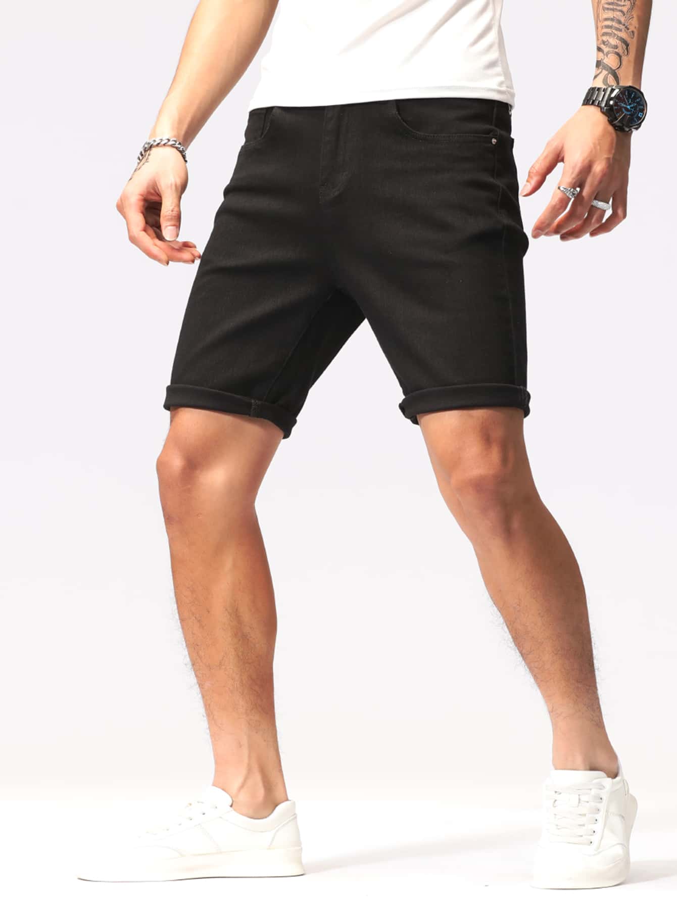 Manfinity Homme 男士棉素色牛仔短褲 - 黑色 - 查看 1