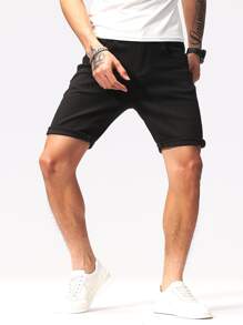 Manfinity Homme 男士棉素色牛仔短褲 - 黑色 - 查看 7