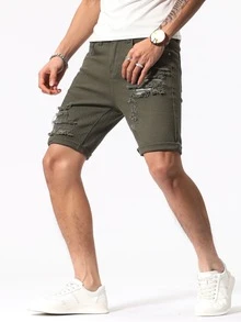 Manfinity LEGND Hombres Shorts mezclilla bermuda algodón desgarro crudo bajo de doblez - Verde militar - Ver 6