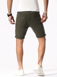 Manfinity LEGND Hombres Shorts mezclilla bermuda algodón desgarro crudo bajo de doblez - Verde militar - Ver 2