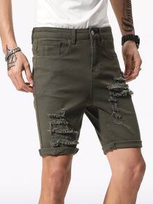 Manfinity LEGND Hombres Shorts mezclilla bermuda algodón desgarro crudo bajo de doblez - Verde militar - Ver 3