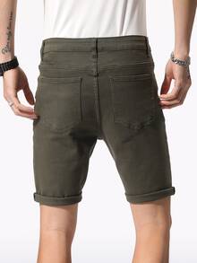 Manfinity LEGND Hombres Shorts mezclilla bermuda algodón desgarro crudo bajo de doblez - Verde militar - Ver 4