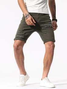Manfinity LEGND Hombres Shorts mezclilla bermuda algodón desgarro crudo bajo de doblez - Verde militar - Ver 5