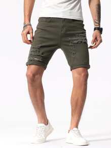 Manfinity LEGND Hombres Shorts mezclilla bermuda algodón desgarro crudo bajo de doblez - Verde militar - Ver 1