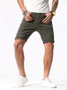 Manfinity LEGND Hombres Shorts mezclilla bermuda algodón desgarro crudo bajo de doblez - Verde militar - Ver 7