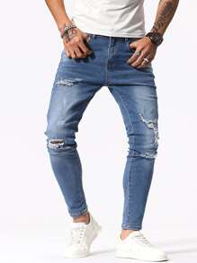 Manfinity Men Ripped Frayed Skinny Jeans - Medium Wash - View 3